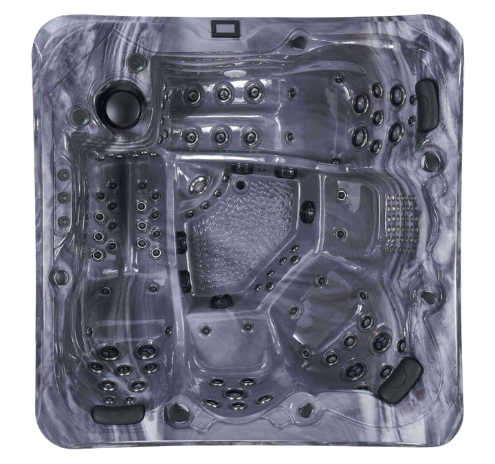 Top‑down view of grey marble Luso Spas The Hercules Hot Tub with multiple massage seats and jets, on a white background