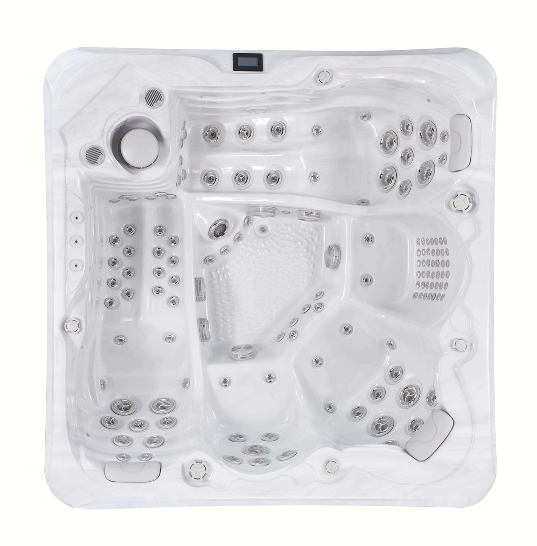 Top‑down view of white marble Luso Spas The Hercules Hot Tub with multiple massage seats and jets, on a white background.