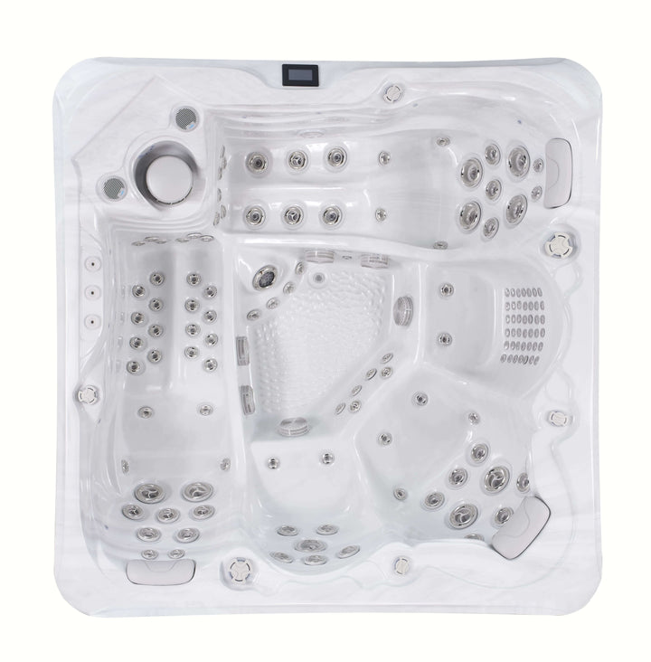 Top‑down view of white marble Luso Spas The Hercules Hot Tub with multiple massage seats and jets, on a white background.