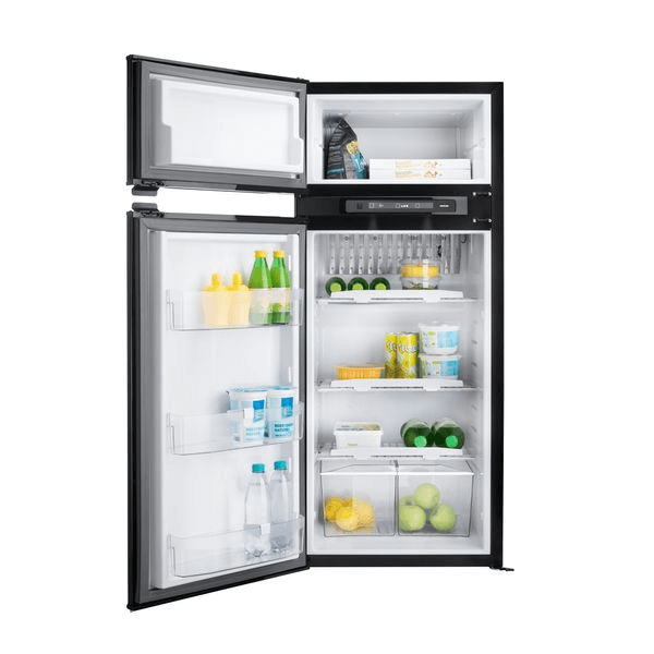 Thetford BL FRIDGE N4150A CURVE NO FRAME with open doors showing interior shelves and food items, with white background.