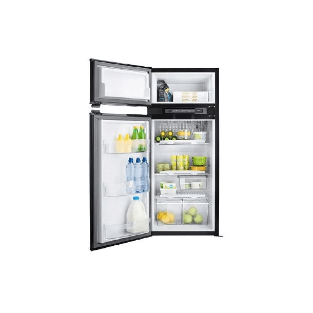 Thetford BL FRIDGE N4175E+ CURVE FRAMED refrigerator with doors open, fully stocked with beverages and produce – on a white background.