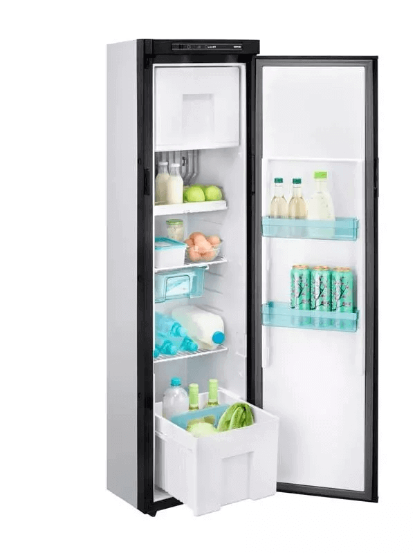 Thetford N4142A Flat Frame fridge interior with organized shelves of eggs, drinks, and vegetables ,  on a white background.