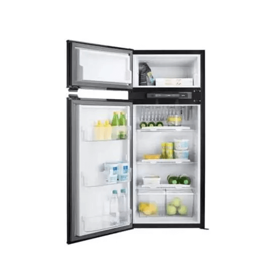 Thetford N4150E+ Curve Frame refrigerator open front view – fully stocked with beverages and produce, on a white background.