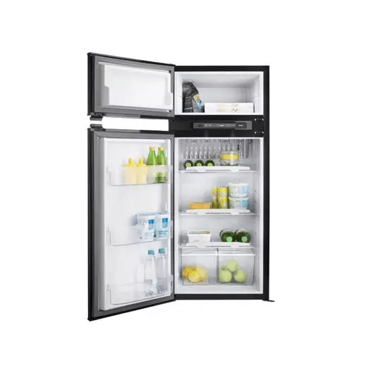 Open Thetford N4150A Curved Frame fridge with various drinks and fruits visible, on a white background.