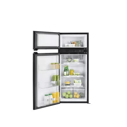 Thetford N4150E+ Curve Frame refrigerator open angled left view – interior filled with groceries, on a white background.