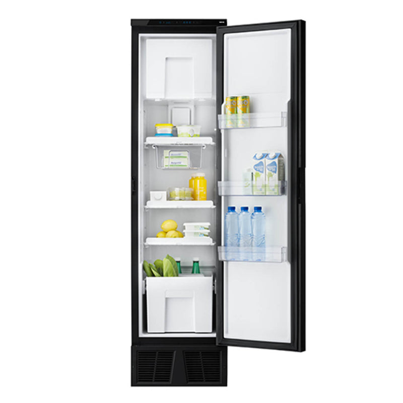 Thetford T2138 12V Slimline Fridge fully opened, showing organized compartments with food and drinks inside, on a white background.