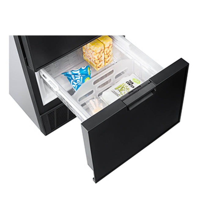 Pull-out freezer drawer of the Thetford T2160 12V fridge with groceries like packaged corn and tofu inside, on a white background.