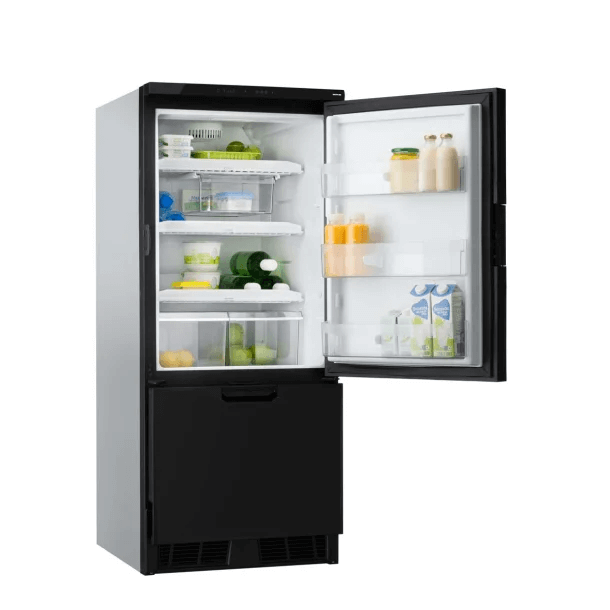 The Thetford T2175 12V fridge with the top door open, revealing organized food and beverages on shelves and door bins, on a white background.