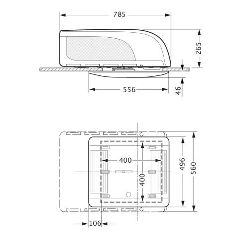 Technical diagram showing dimensions and installation layout of the Truma Aventa Compact Plus rooftop air conditioning unit.