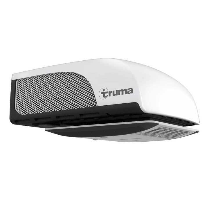 Truma Aventa Compact Plus in white version, viewed from below, showing curved compact rooftop AC housing, with transparent background.