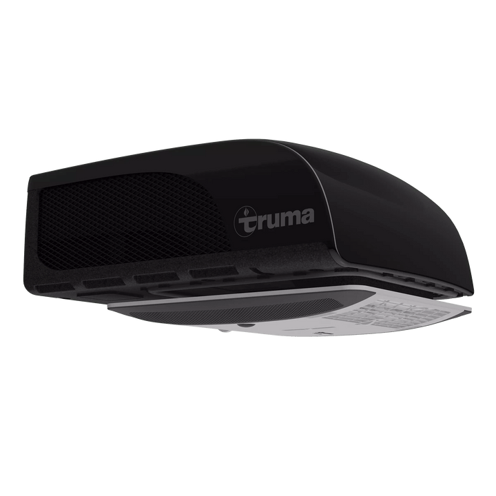 Close-up view of Truma Aventa Compact Plus rooftop air conditioner in black, showcasing modern aerodynamic design, on a transparent background.