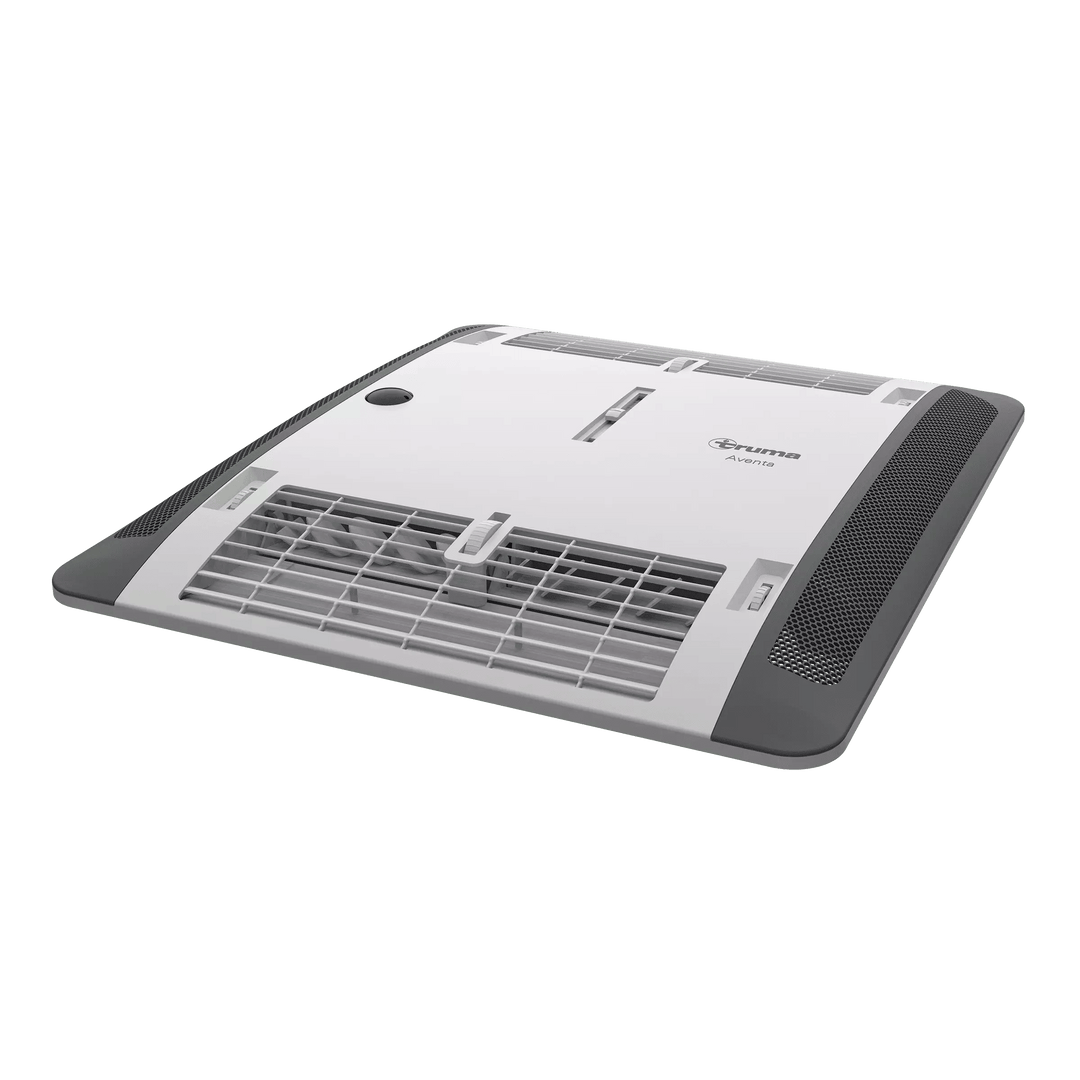 Interior air distribution unit of the Truma Aventa Compact Plus system, with sleek white and grey panel design, with transparent background.