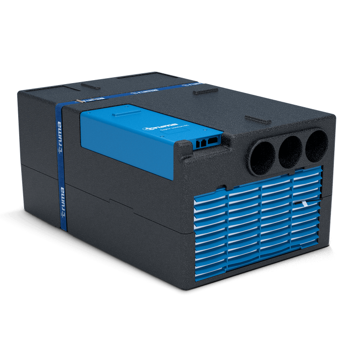 Truma Saphir Comfort under-bench air conditioning unit in black and blue, featuring three circular air outlets and a front grille vent, with trasparent background.