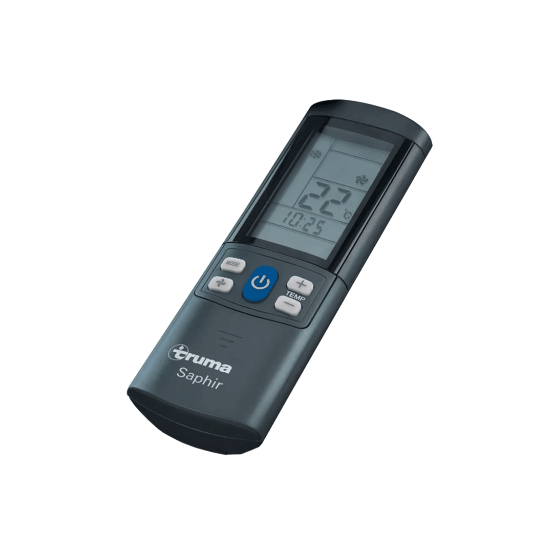 Remote control device labeled 'Truma Saphir' with LCD screen and temperature buttons for controlling the air conditioning unit, with transparent background.