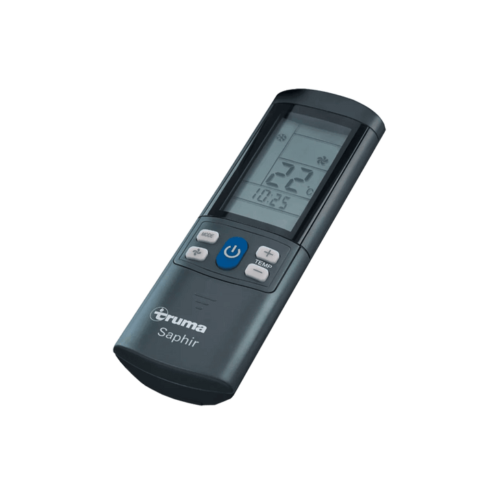 Remote control device labeled 'Truma Saphir' with LCD screen and temperature buttons for controlling the air conditioning unit, with transparent background.