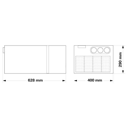 Technical diagram showing the dimensions of the Truma Saphir Comfort air conditioning unit, including top and front views.