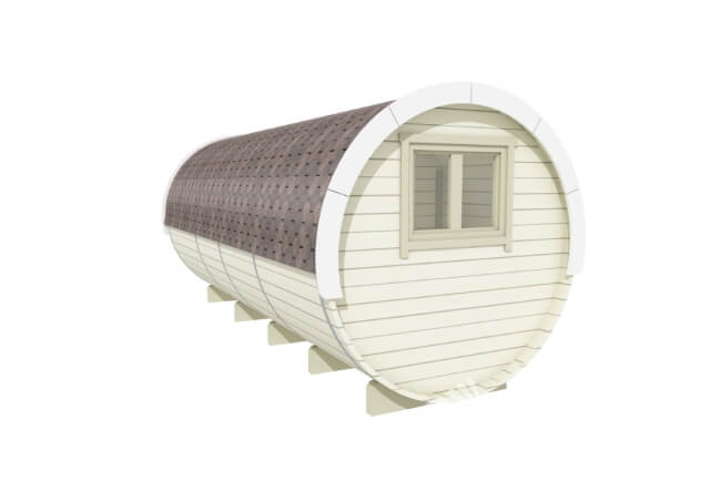 Reverse cutaway 3D side view of Viking Industrier 2.2 x 5.4m Sleeping Barrel interior on a white background.