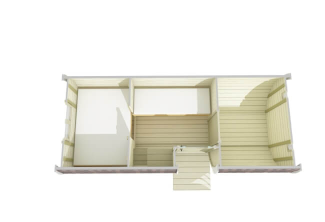 Side entrance view of Viking Industrier 2.2 x 5.4m Sleeping Barrel with platform on a white background.