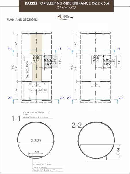 Viking Industrier 2.2 x 5.4m Sleeping Barrel with side entrance exterior color guide on a white background.