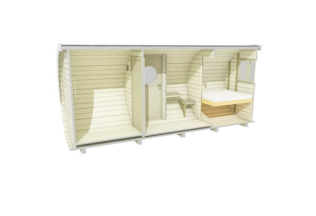 Cutaway 3D side view of Viking Industrier 2.2 x 5.4m Sleeping Barrel interior layout showing bed and seating on a white background.