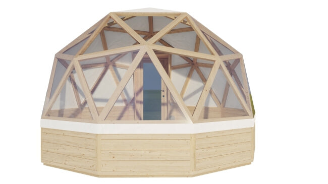 Front view of Viking Industrier Glamping Dome 10m showcasing a transparent geodesic design with a wooden base, on a transparent background.