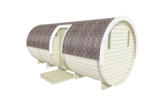 Rear 3D view of Viking Industrier 2.2 x 5.4m Sleeping Barrel showing window and wall detail on a white background.