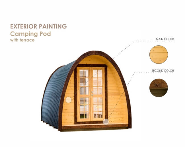 Viking Industrier 2.4 x 4.8m Camping Pod with terrace color diagram showing main wood tone and dark brown accents on a white background.