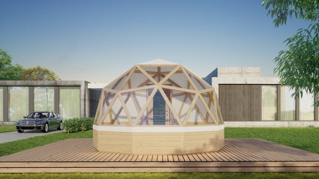 Render of Viking Industrier Glamping Dome 10m with wooden structure and transparent panels set on a wooden deck in a modern backyard.