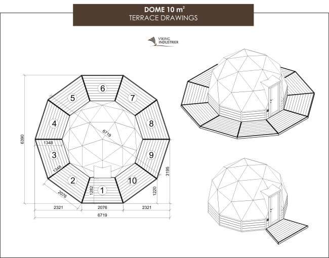 Technical drawing of Viking Industrier Glamping Dome 10m terrace layout with numbered panels and measurements on a white background.