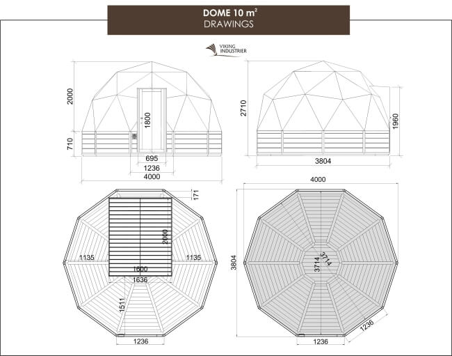 Technical drawings showing front, side, and top views of Viking Industrier Glamping Dome 10m with detailed dimensions on a white background.