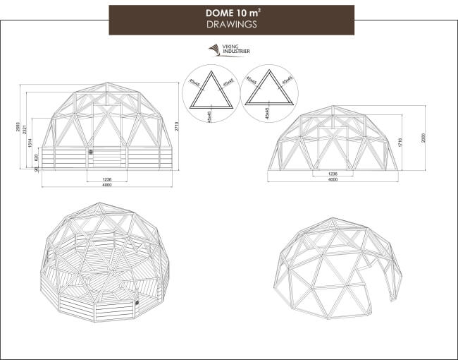 Structural drawings of Viking Industrier Glamping Dome 10m frame with dimensions and top views on a white background.