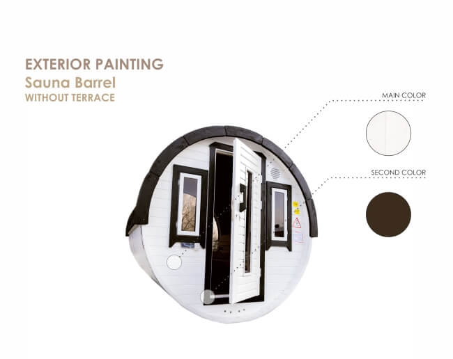 Viking Industrier Barrel Sauna 2.2 x 2.5m painted in white and black with door open and three small vertical windows, exterior painting guide on a white background.