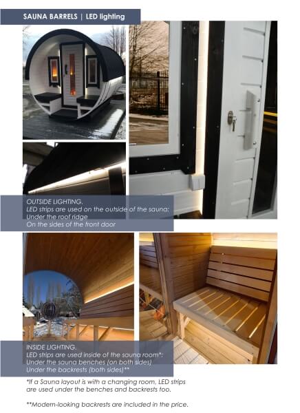 Collage of Viking Industrier Barrel Sauna 2.2 x 3m LED lighting setup including exterior lights and inside seating highlights, on a white background.