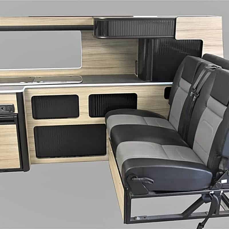 VW T5 T6 Full Length Campervan Unit side view showing full-length storage cabinets and fold-out rear seating on a white background.