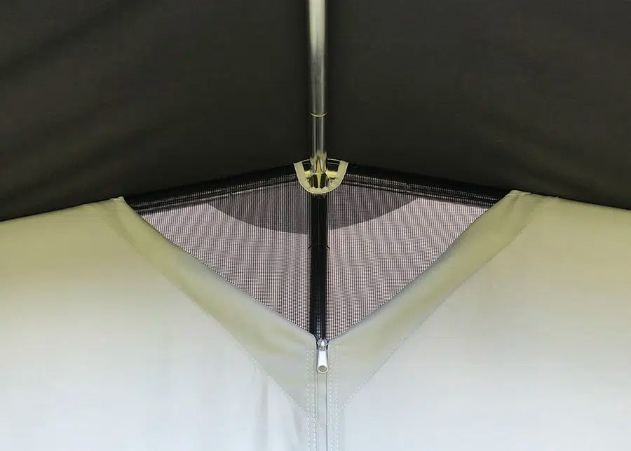 Close-up of Walker Fusion 2 Caravan Awning roof vent and support pole detail with mesh ventilation panel inside the awning.