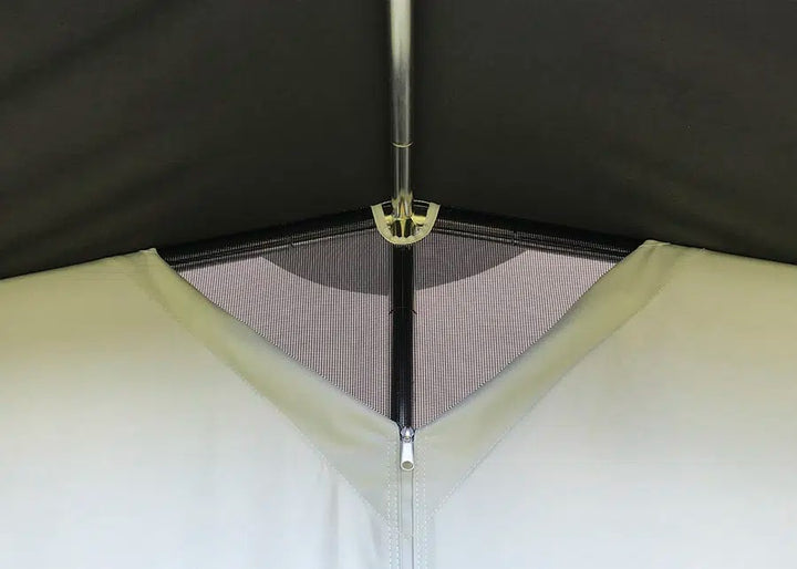 Close-up of Walker Fusion 2 Caravan Awning roof vent and support pole detail with mesh ventilation panel inside the awning.