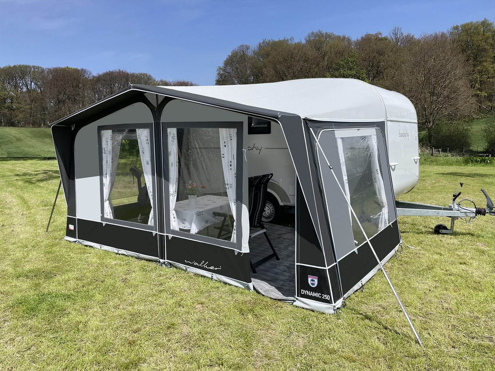 Walker Dynamic 250 Awning installed on Beachy caravan, front view on campsite.